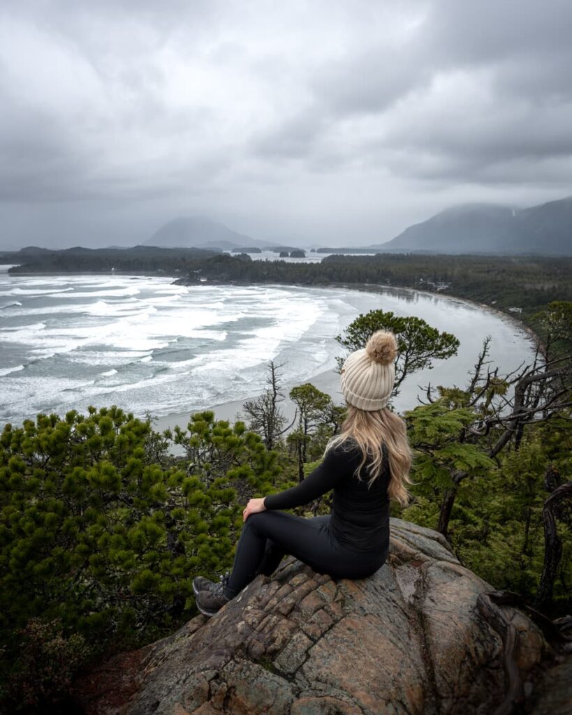 scenic view at the top of cox bay lookout in Tofino, British Columbia