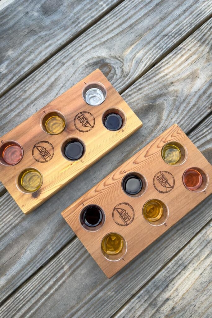 two-wooden-tasting-flights-at-adrift-distillery